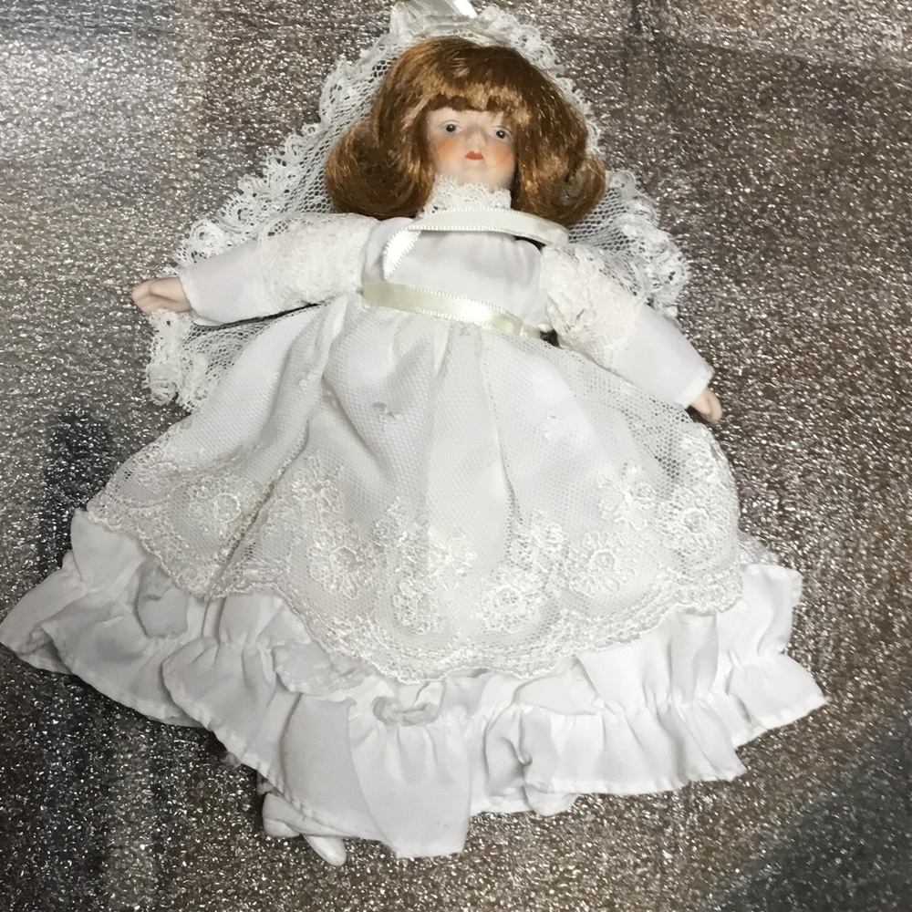 Vintage Porcelain Doll in White Lace Dress